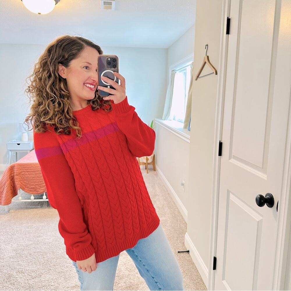 LANDS’ END Red Orange Pink Cable Knit Cotton Sweater Large